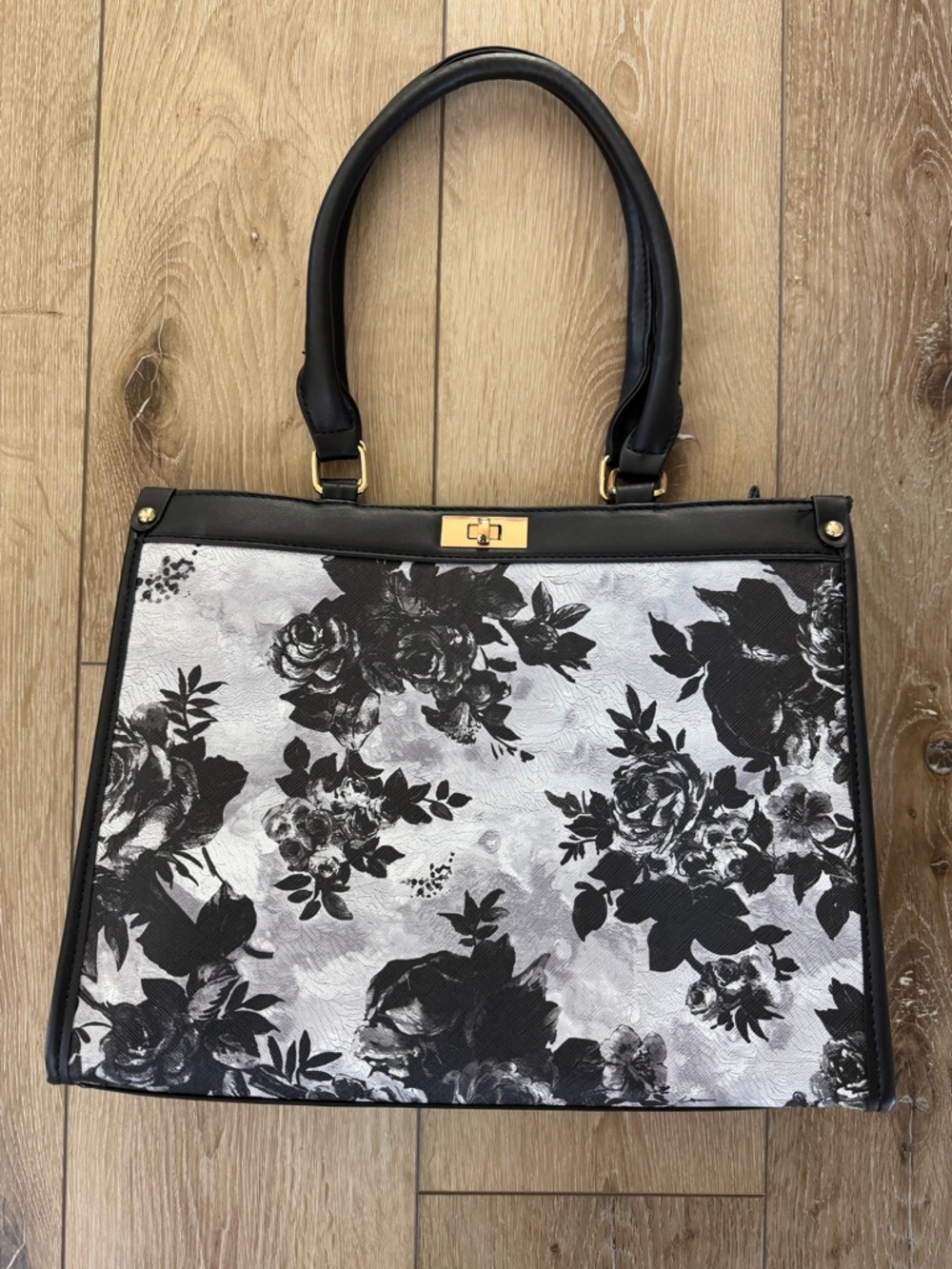 Black & White Floral Tote Handbag